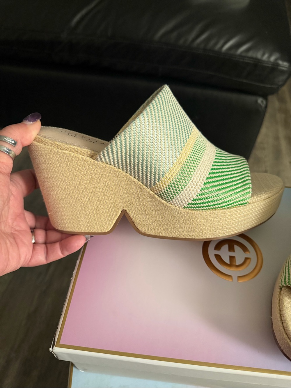Cecelia New York Wedge Slide Sandal in Green, blue and Cream. Size 9.5